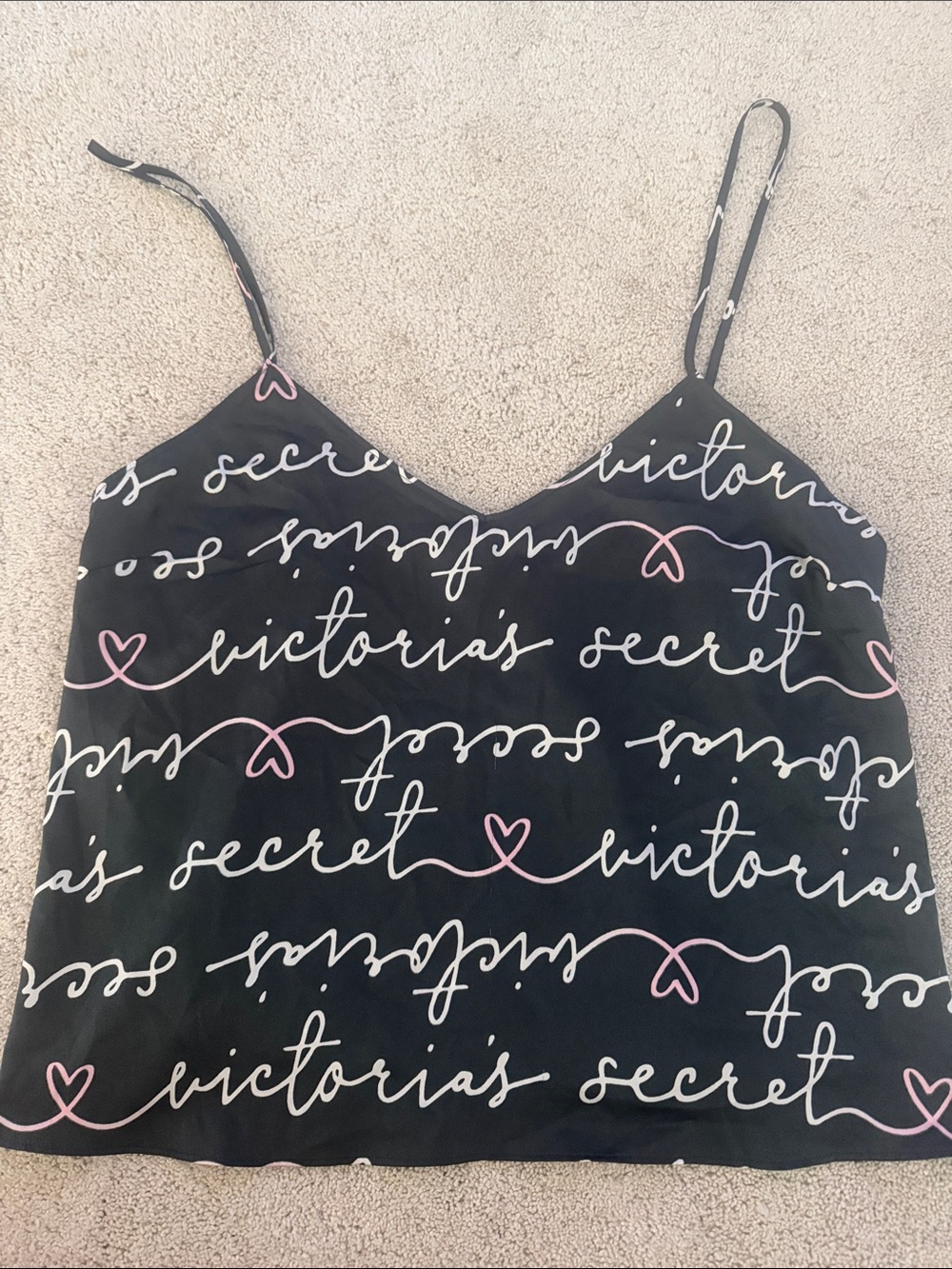Victoria's Secret Black Cami with Pink Script Hearts